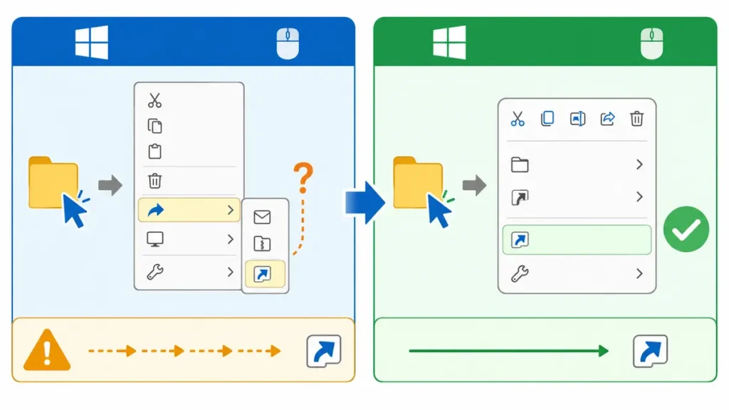 Windows 10と11の右クリック操作を左右比較し、曖昧な旧操作と分離された新操作を示す図。