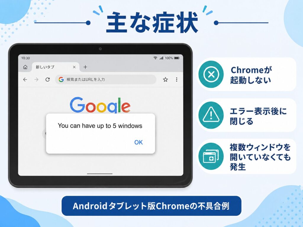 AndroidタブレットのChromeでYou can have up to 5 windowsと表示されるエラー画面