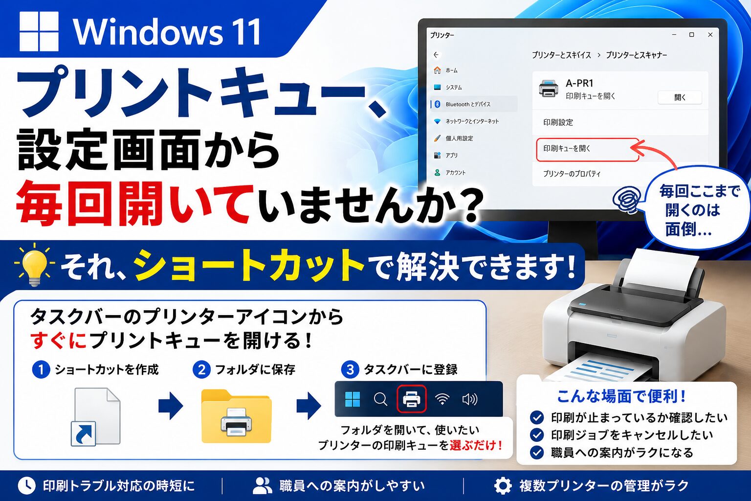 Windows 11でプリントキューを毎回設定画面から開いている方へ。ショートカットを作成し、タスクバーから開きやすくする手順を解説します。