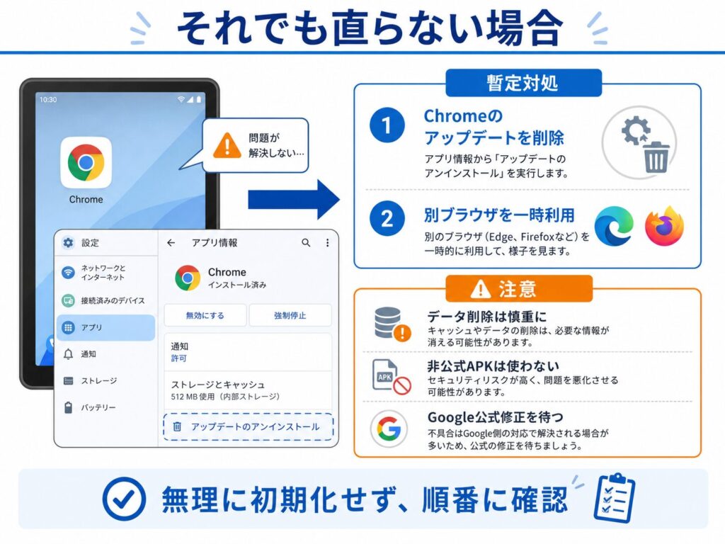 AndroidタブレットでChromeのアップデートを削除する暫定対処の説明画像