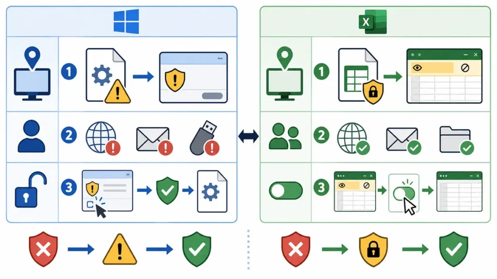 Windowsの有害ファイル警告とExcelの保護ビューの違い