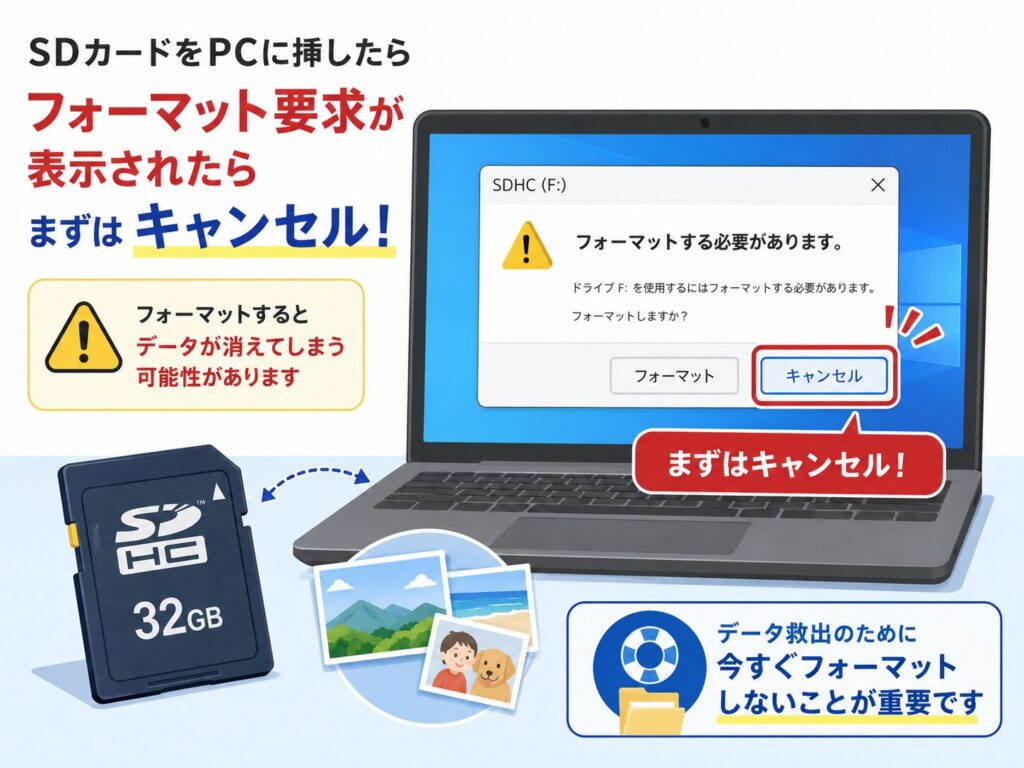 フォーマット要求が表示されたら、まずはキャンセル