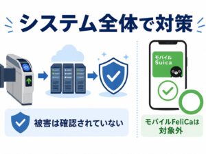 SuicaやPASMOはシステム全体でセキュリティ対策が行われていることを表したイラスト