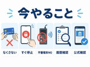 FeliCaの脆弱性に対して一般利用者が今すぐ行うべき対策をまとめたイラスト