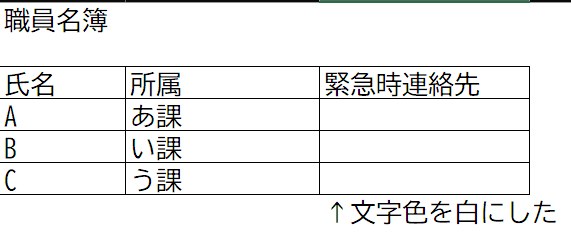 電話番号を削除せず文字色だけを白にしたExcelの職員名簿