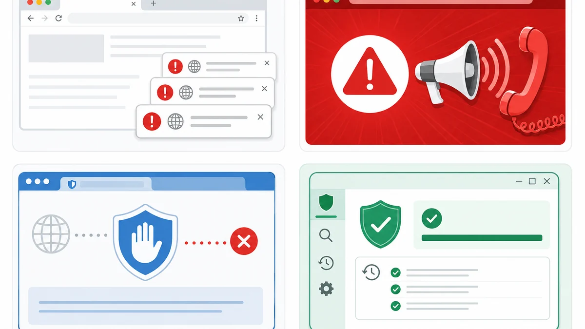 Web通知型の偽警告・全画面のサポート詐欺・ブラウザーの保護警告・Windowsセキュリティを比較した図