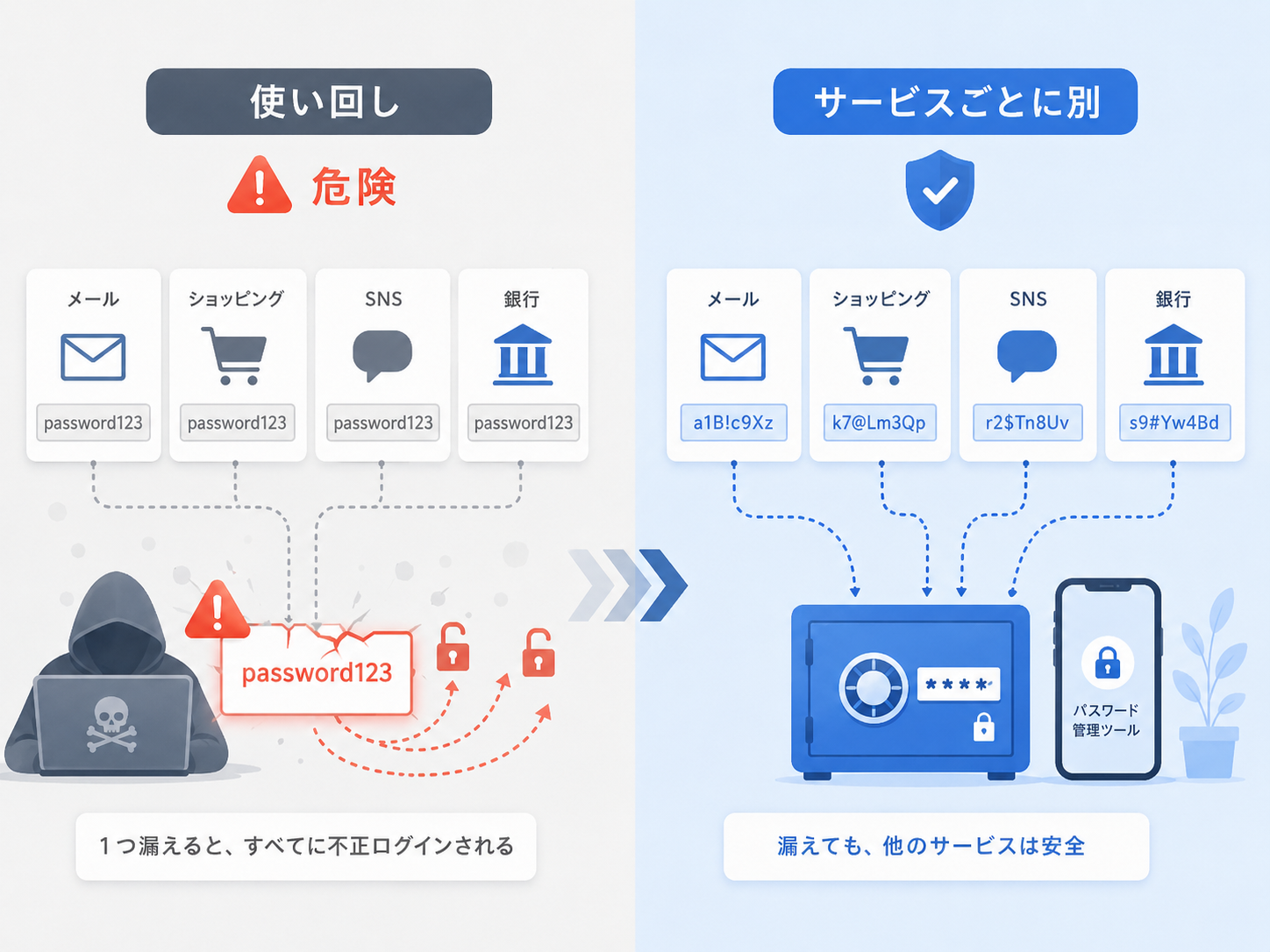 同じパスワードを複数サービスで使い回す危険性とサービスごとに分ける対策