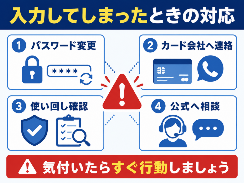 フィッシングサイトに情報を入力した場合のパスワード変更やカード会社への連絡などの対処方法
