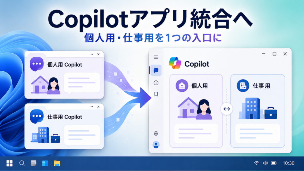 Microsoft Copilotアプリが個人用・仕事用の1つの入口へ統合されるイメージ