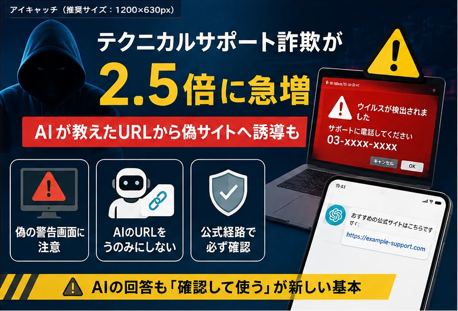 AIが示したURLと偽のウイルス警告に注意するテクニカルサポート詐欺のイメージ