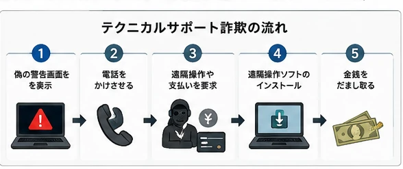 テクニカルサポート詐欺で偽警告から電話や遠隔操作へ誘導される流れ