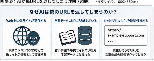 生成AIがWeb情報や推測から誤ったURLを回答する可能性を示す図