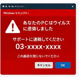 偽のウイルス警告画面の例と電話をしないための注意