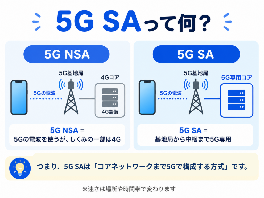 5G NSAは5G基地局と4Gコア、5G SAは5G基地局と5G専用コアを使う違いの比較図