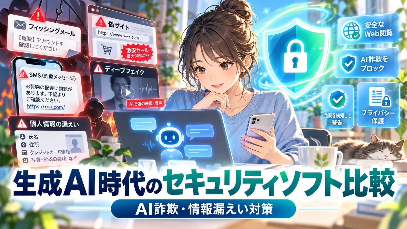 生成AI時代のセキュリティソフト比較。AI詐欺、偽サイト、ディープフェイク、情報漏えい対策をイメージした画像