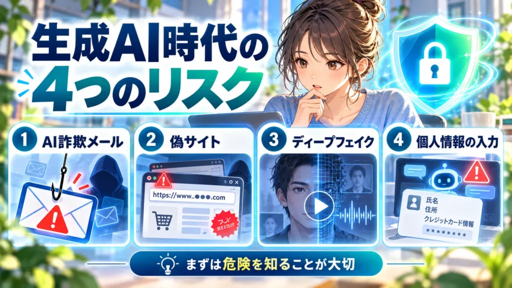 生成AI時代に注意したいAI詐欺メール、偽サイト、ディープフェイク、個人情報入力の4つのリスク