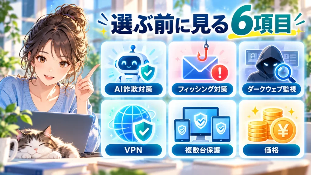 セキュリティソフト選びで確認するAI詐欺対策、フィッシング対策、ダークウェブ監視、VPN、複数台保護、価格の6項目