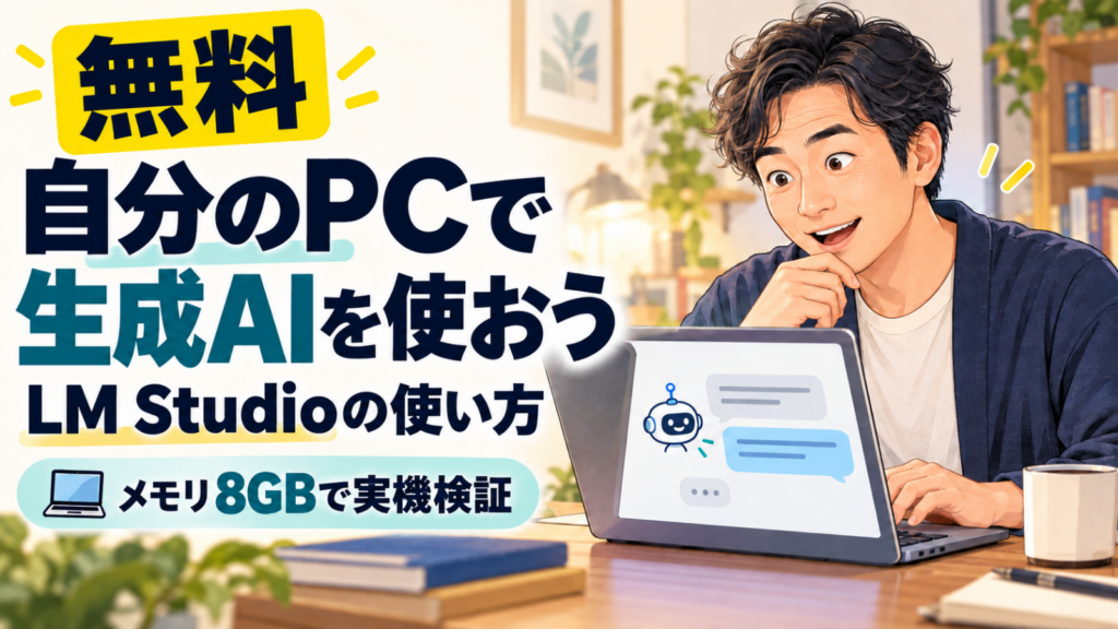 無料で自分のPCに生成AIを導入できるLM Studioを、ノートパソコンで試す男性のイラスト。メモリ8GBで実機検証。
