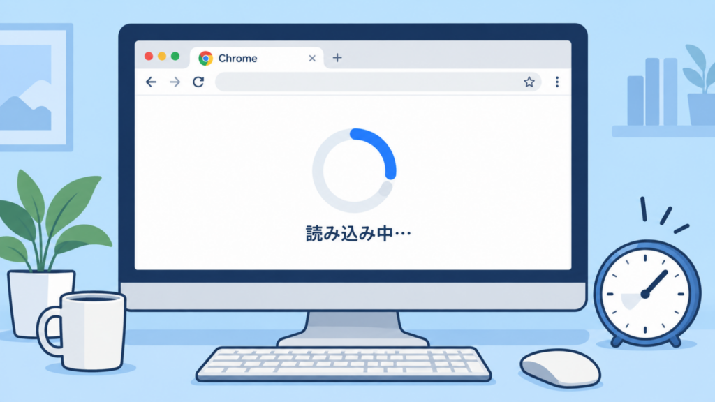 Chromeでページが読み込み中のまま表示されず、待ち時間が続く様子を表したイラスト