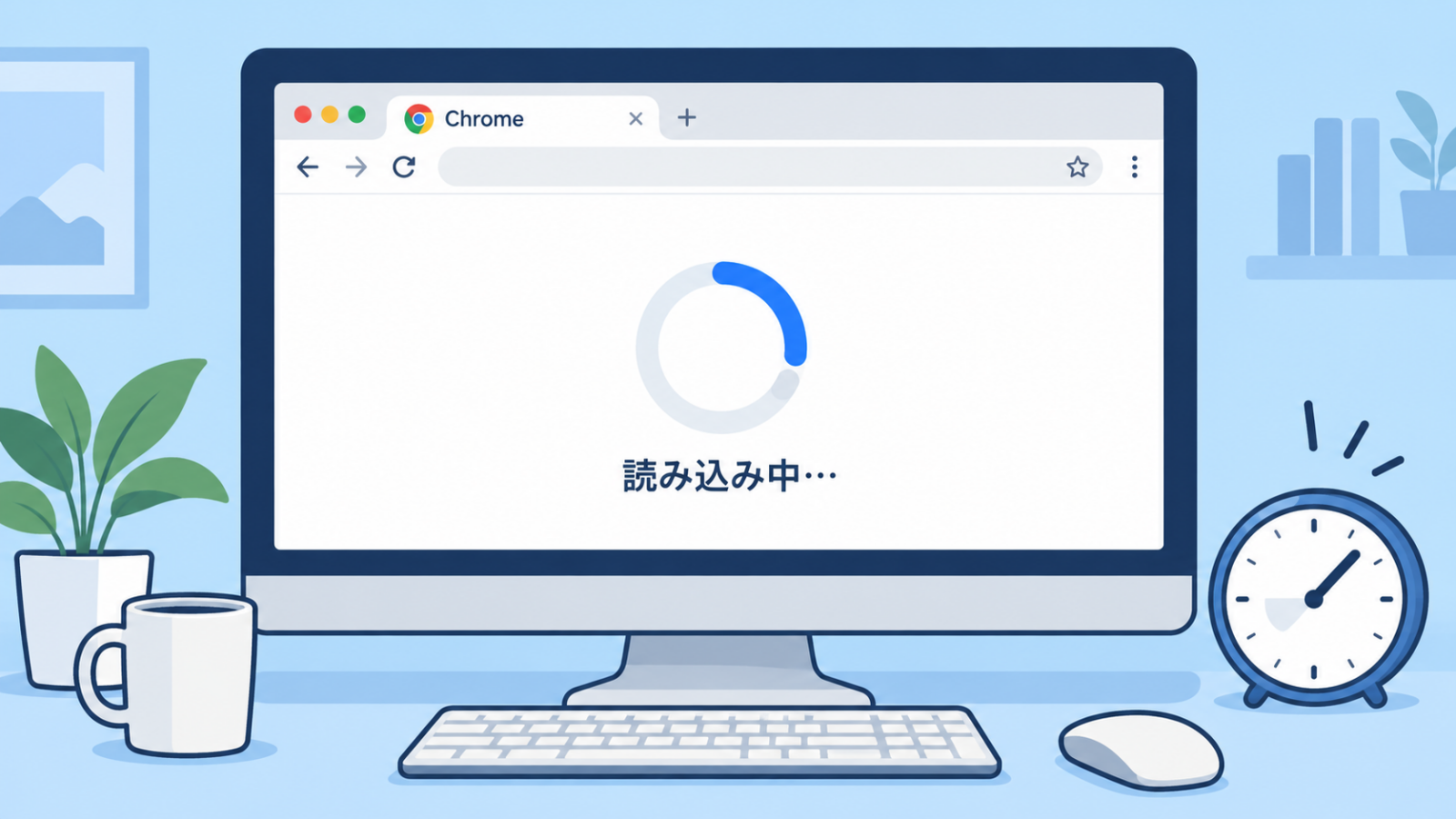 Chromeでページが読み込み中のまま表示されず、待ち時間が続く様子を表したイラスト