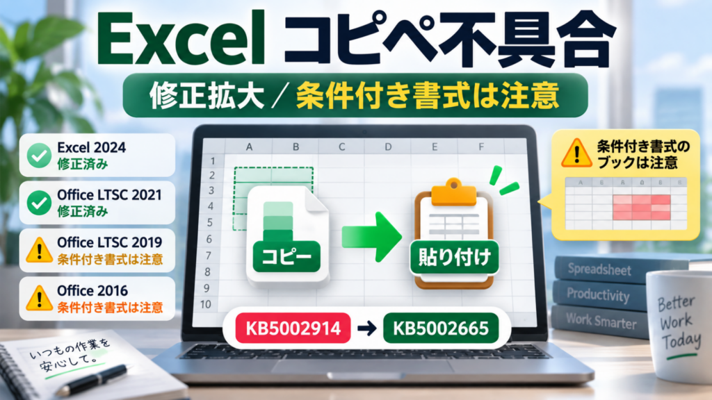 Excelコピー＆ペースト不具合の修正状況とKB5002914・KB5002665を示すイメージ