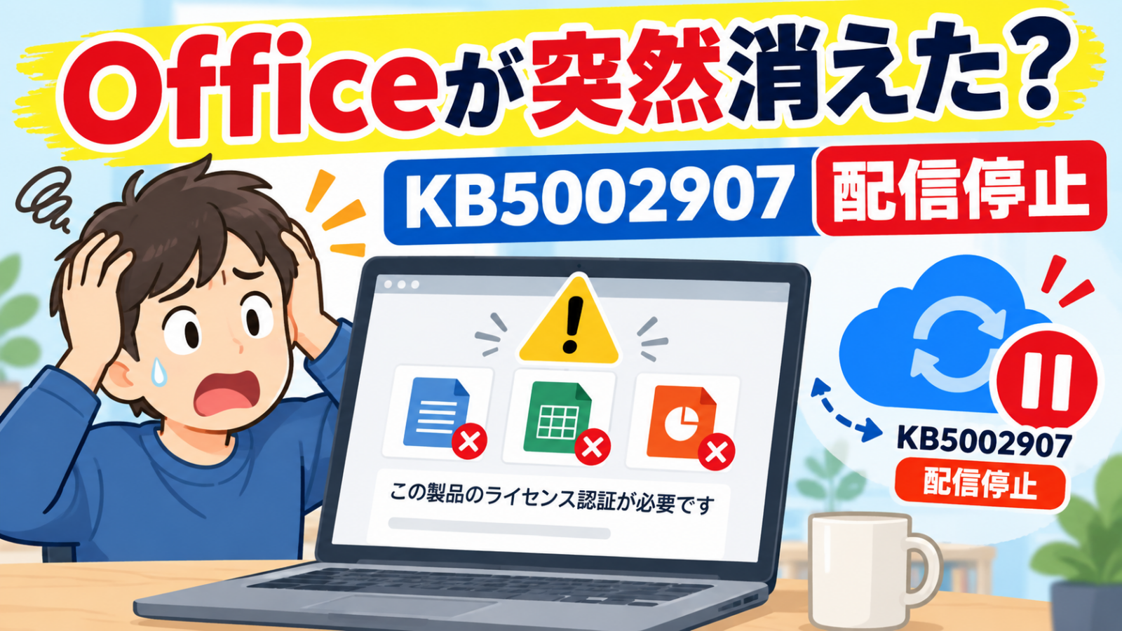 Officeが突然消えた・ライセンス認証が必要と表示される不具合とKB5002907配信停止を示すイラスト