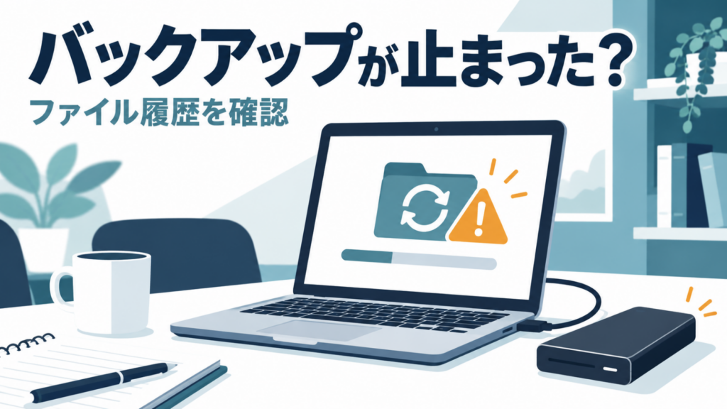 バックアップが止まったときにファイル履歴を確認する、PCと外付けドライブのイラスト
