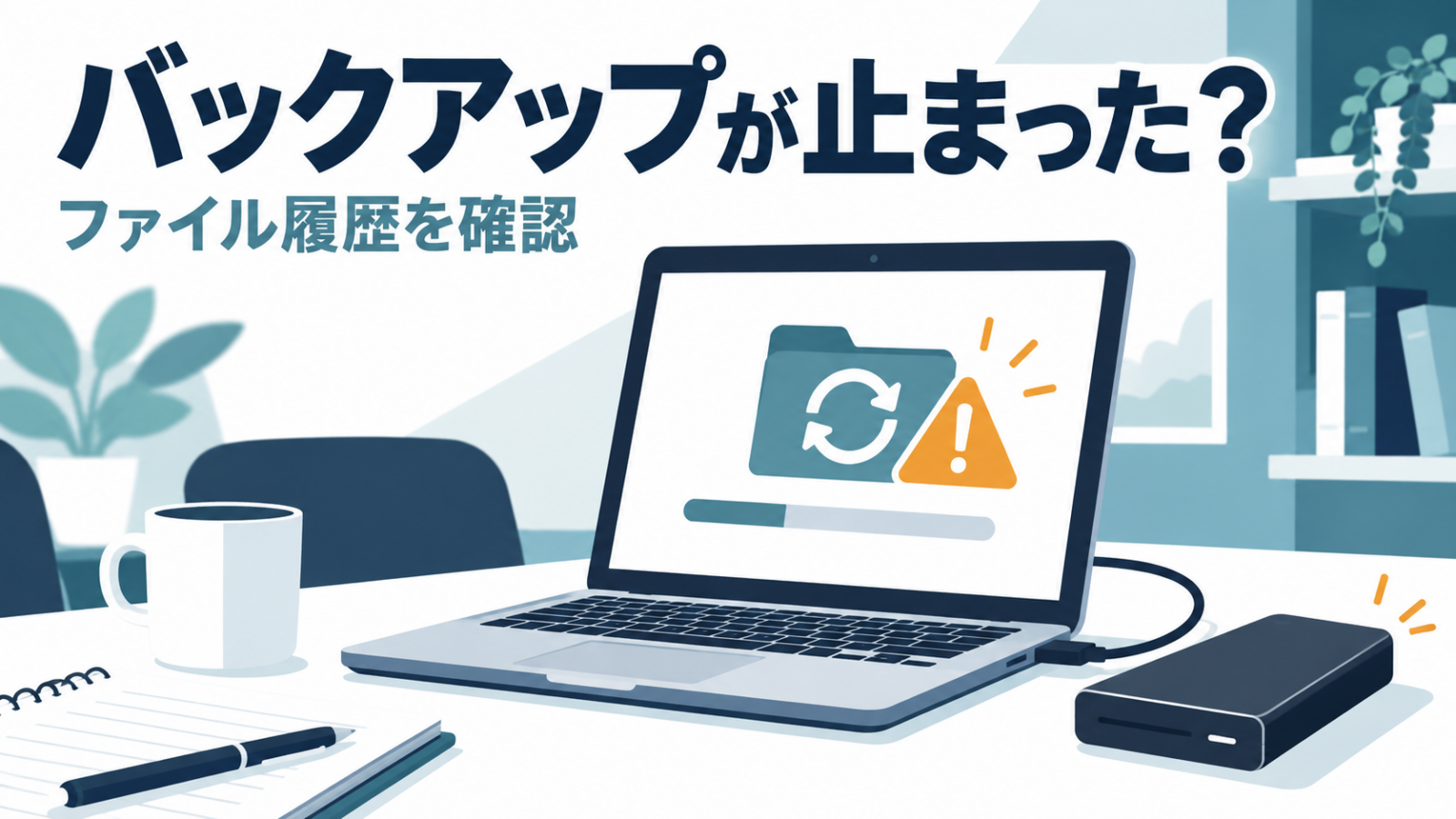 バックアップが止まったときにファイル履歴を確認する、PCと外付けドライブのイラスト