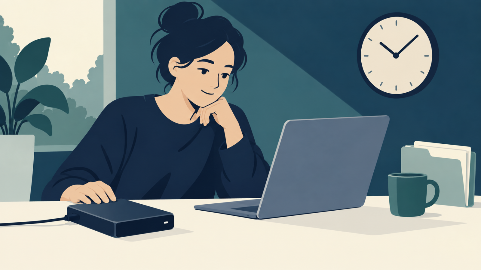 外付けドライブの接続とバックアップ日時を確認するイメージ