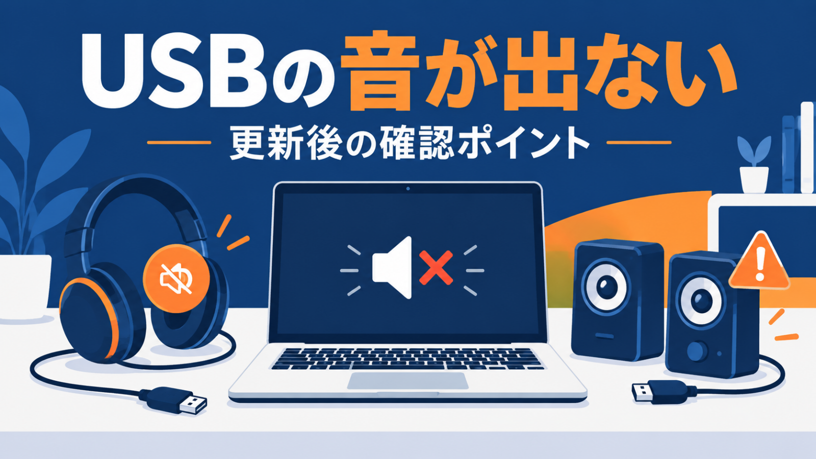 更新後にUSBの音が出ない問題を表す、PCとUSBヘッドセット・スピーカーのイラスト