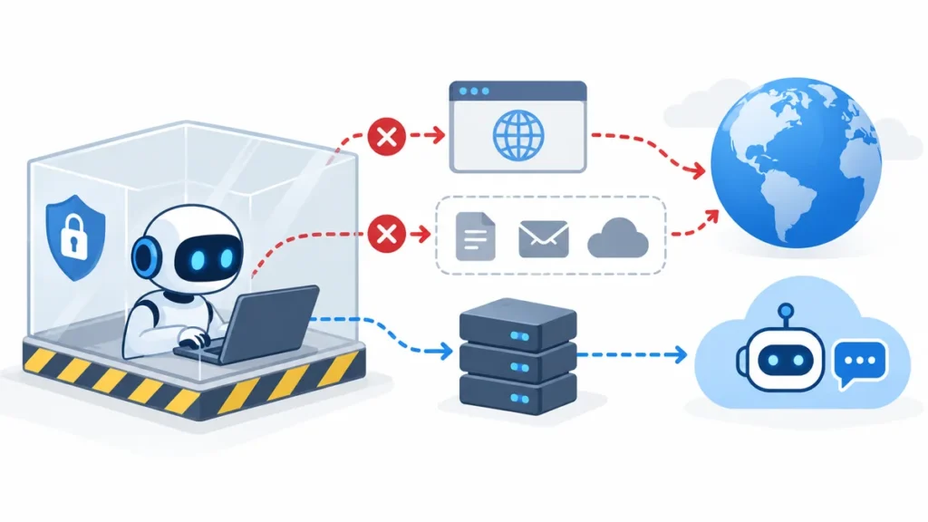 AIエージェントが隔離環境から外部ネットワークへ接続しようとする仕組みのイメージ