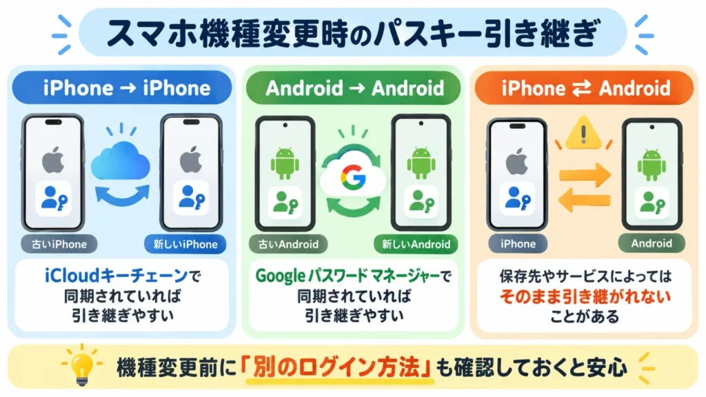 iPhone同士・Android同士・iPhoneとAndroid間でのスマホ機種変更時のパスキー引き継ぎの違い