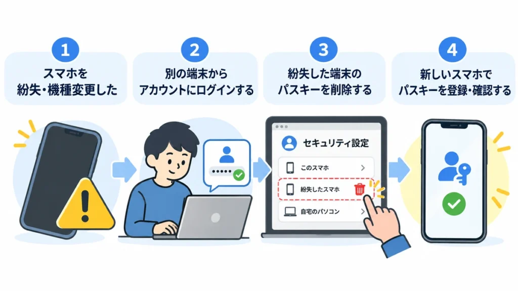 スマホ紛失後に別端末からパスキーを削除して新端末へ登録する流れ