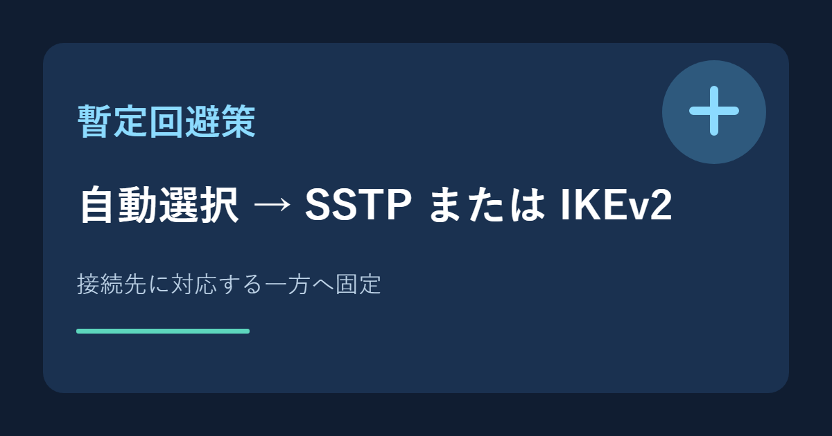 VPNの接続方式を自動選択からSSTPまたはIKEv2の一方に変更する暫定策