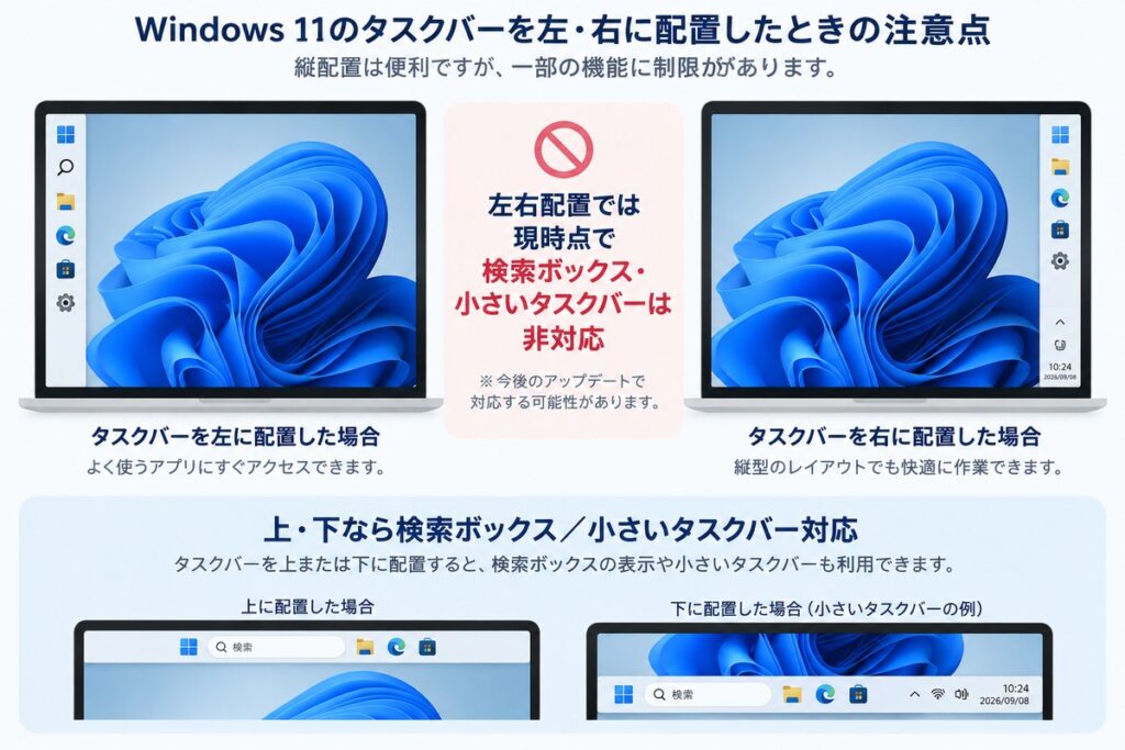 Windows 11のタスクバーを左右に配置した場合の検索ボックスと小さいタスクバーの制限