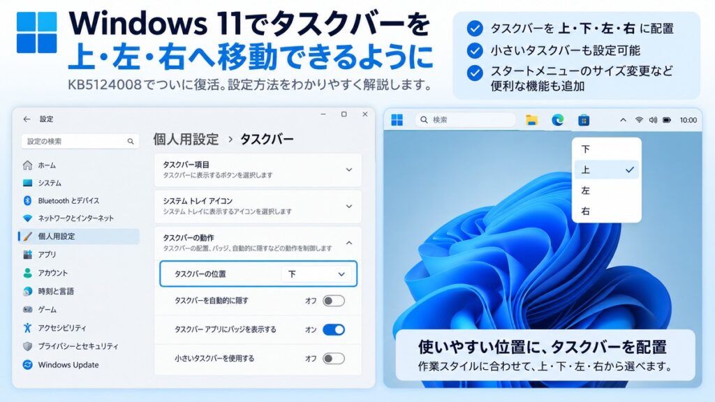 Windows 11でタスクバーの位置を上・下・左・右へ変更する設定例