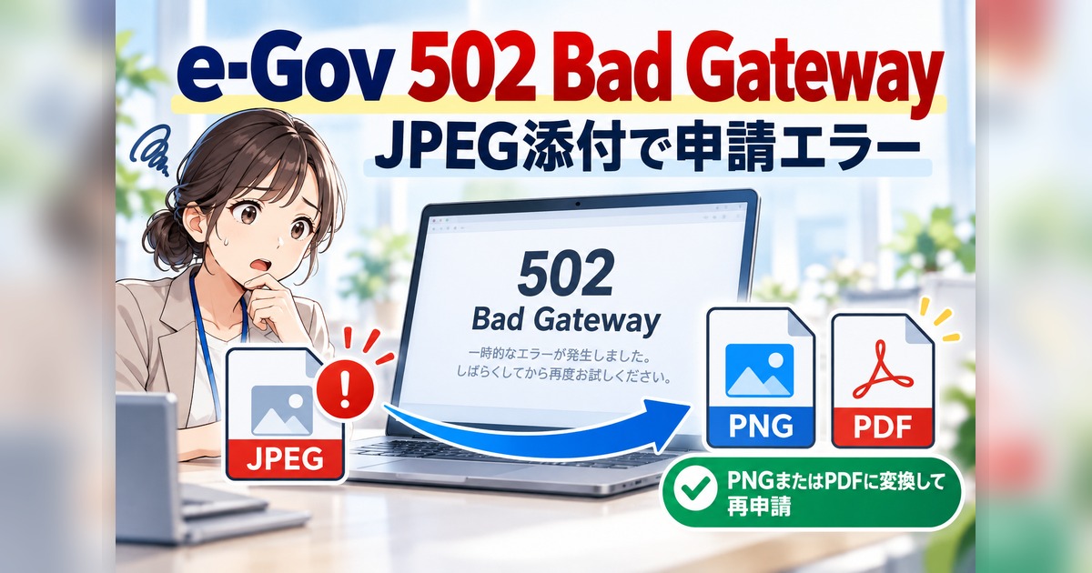 e-Gov 502 Bad GatewayとJPEGからPNG・PDFへの変換を示すイラスト