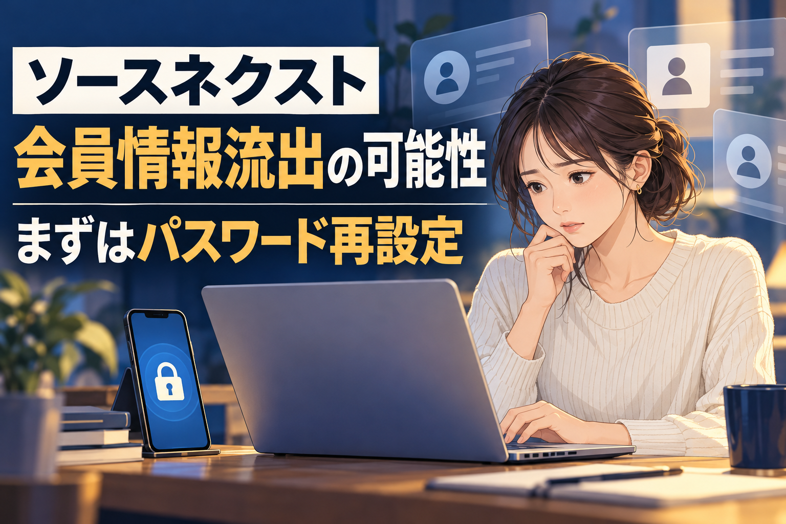ソースネクストの会員情報流出の可能性とパスワード再設定を伝えるイラスト