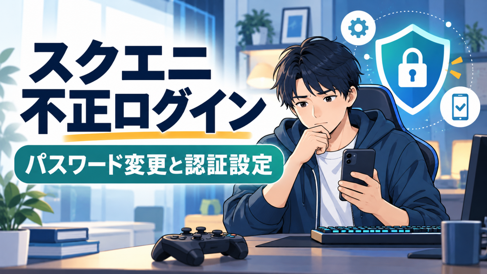 スクエニの不正ログインとパスワード変更について確認する男性のイラスト