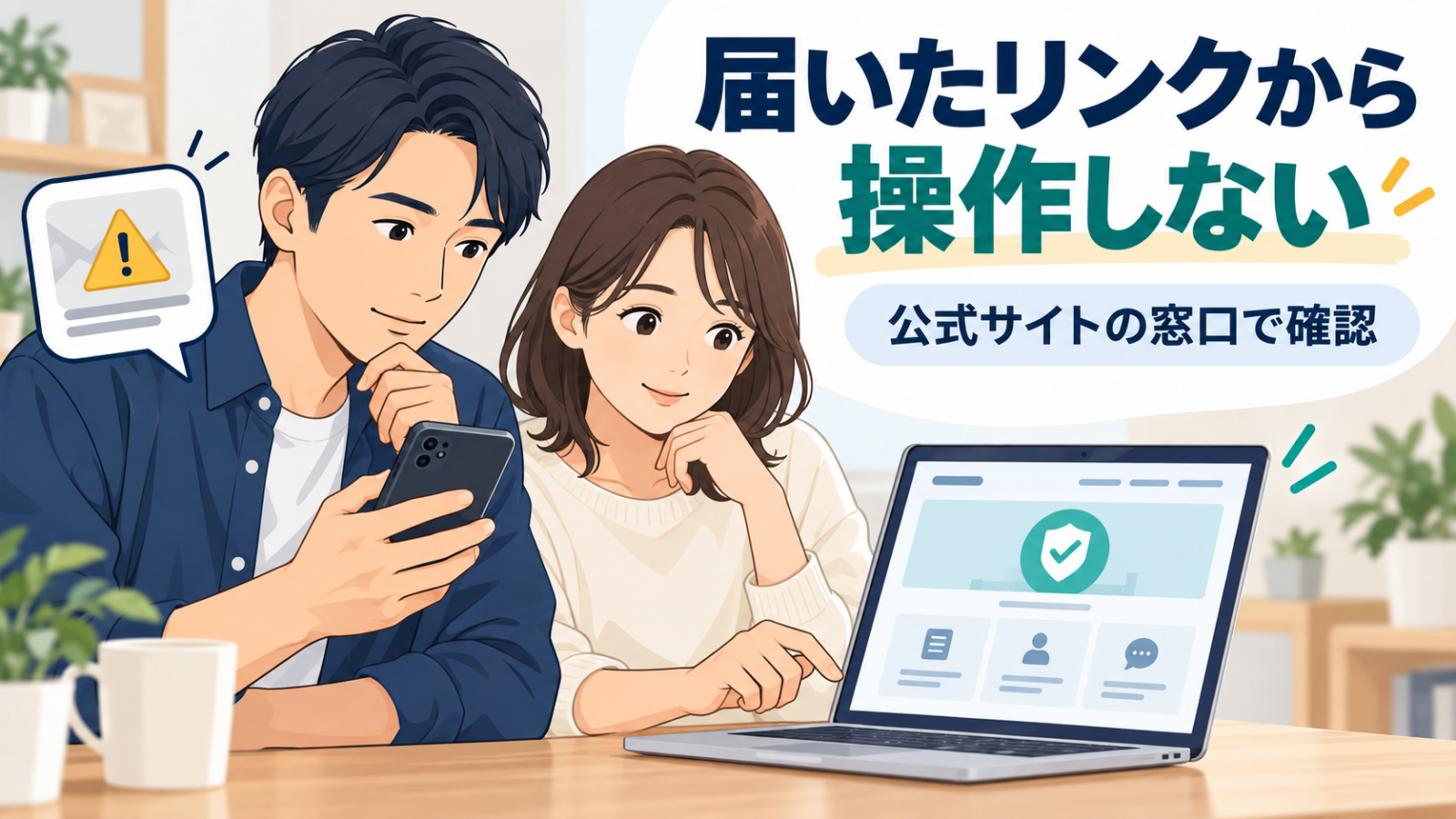 不審な通知のリンクを使わず公式サイトで確認する男女のイラスト