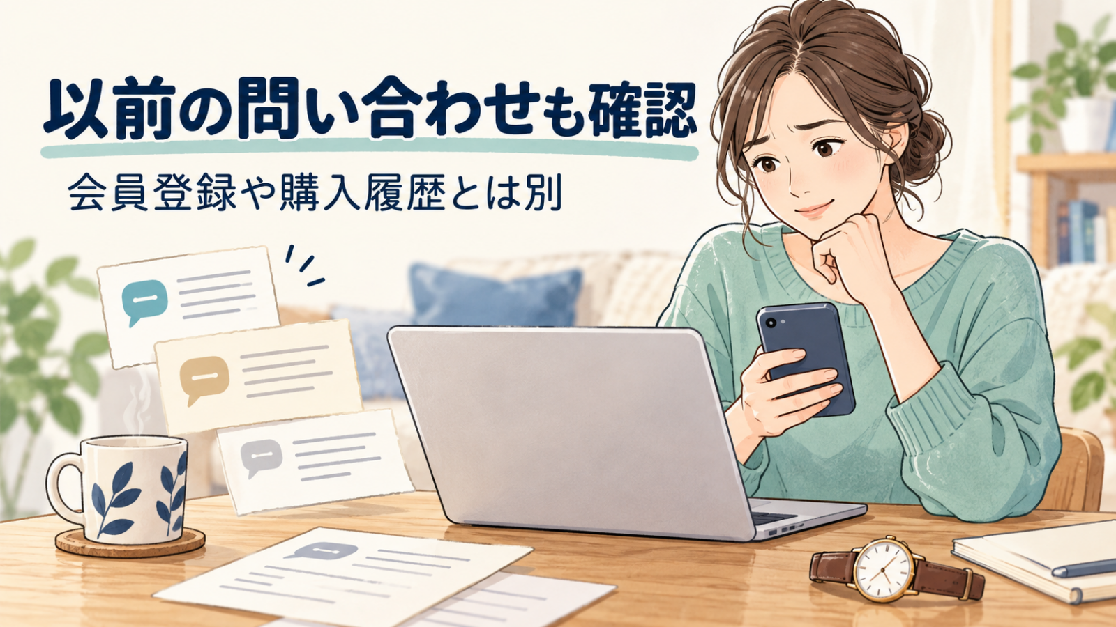以前に送った問い合わせの内容を確認する女性のイラスト