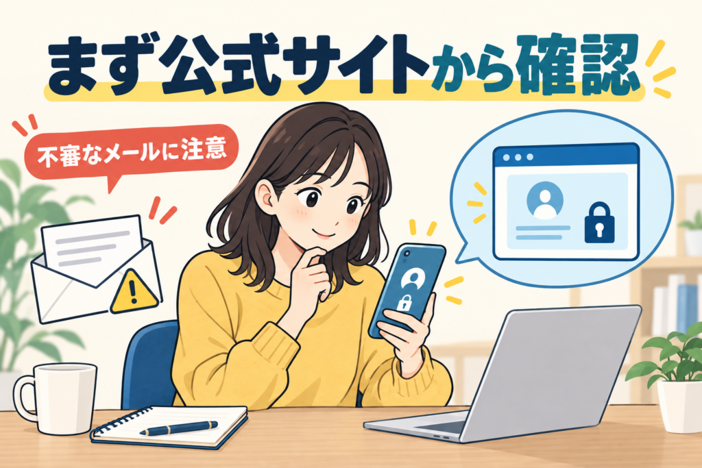 公式サイトからアカウントを確認し、不審なメールに注意することを伝えるイラスト
