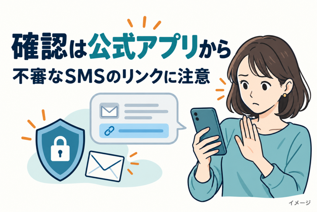 公式アプリからの確認と不審なSMSのリンクへの注意を呼びかけるイラスト