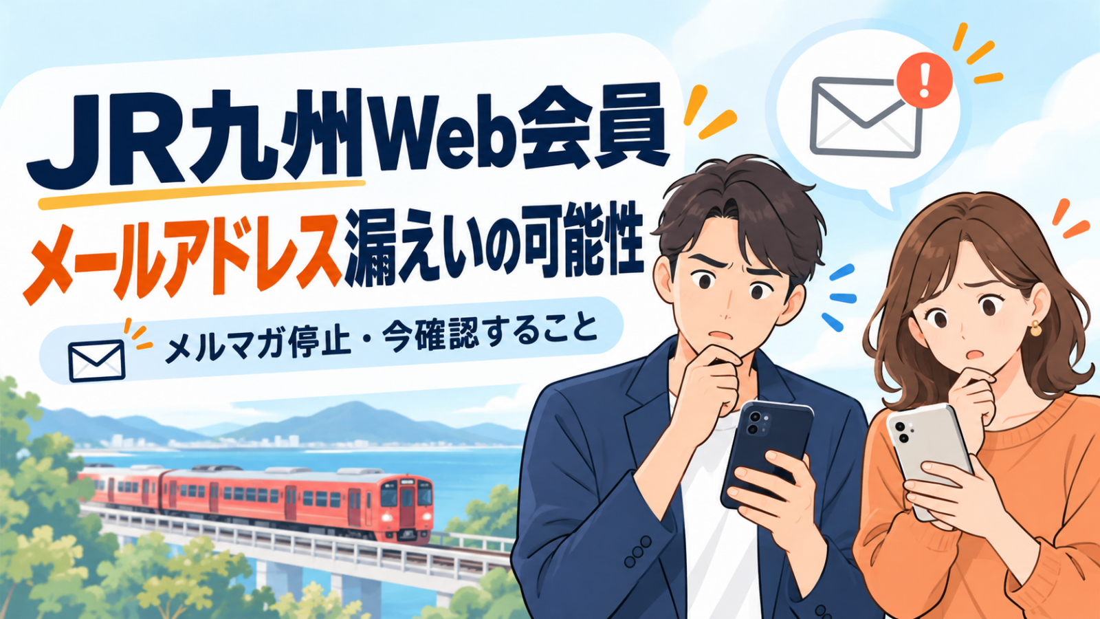 JR九州Web会員のメールアドレス漏えいの可能性とメルマガ停止について、スマートフォンで確認する男女のイラスト