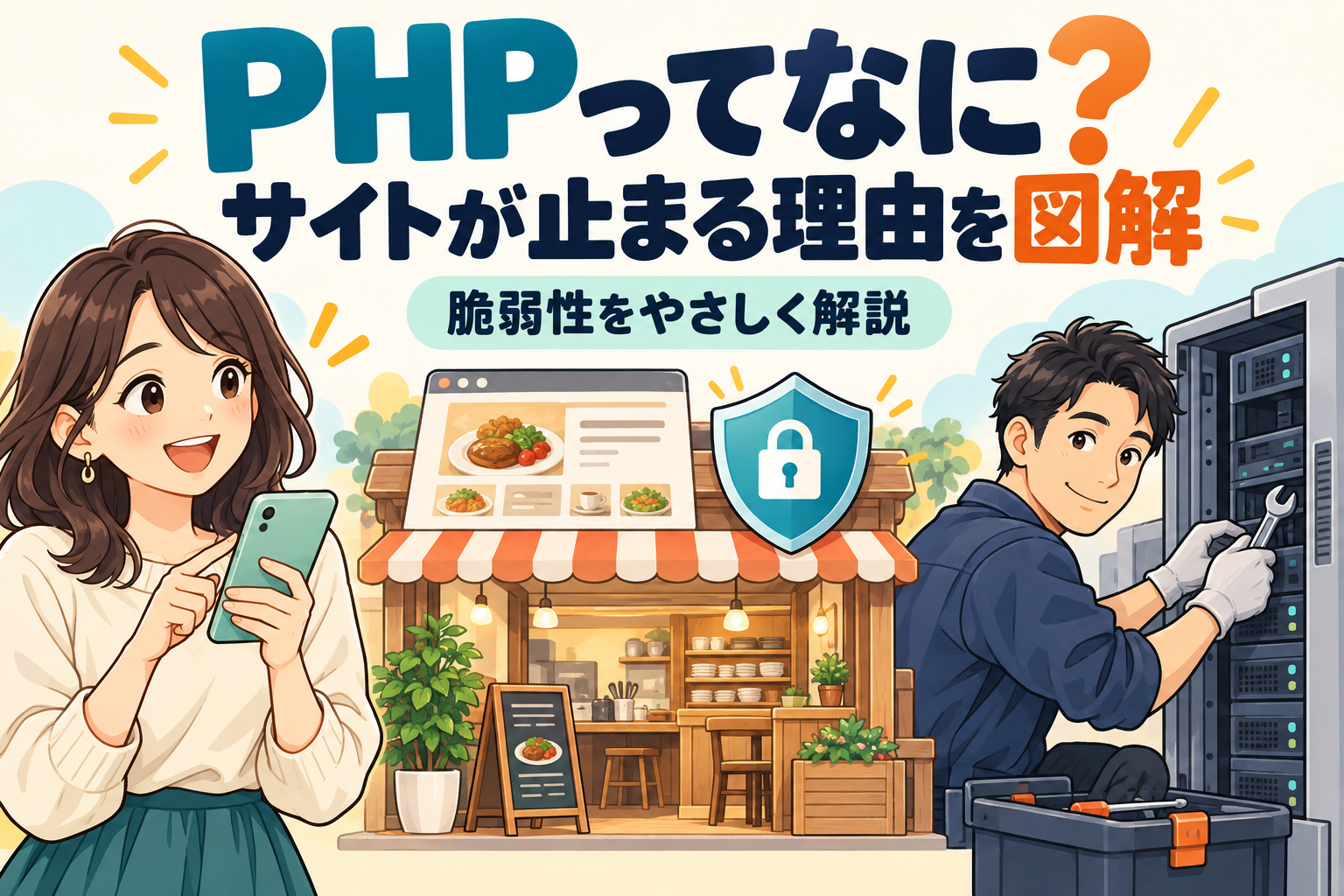 PHPの役割と脆弱性によるサイト停止を、レストランとサーバーの修理にたとえたイラスト