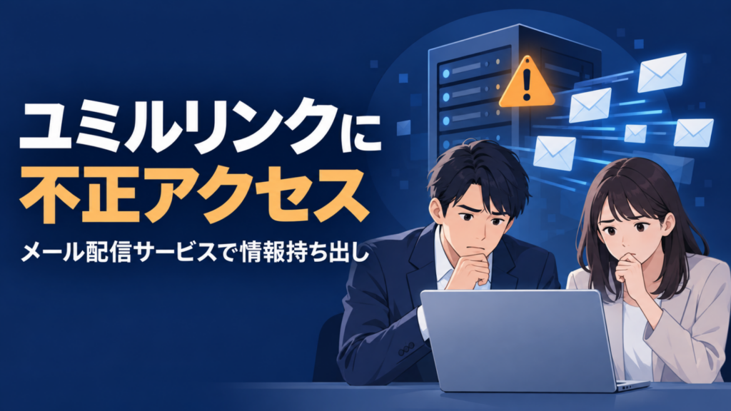ユミルリンクのメール配信サービスへの不正アクセスと情報持ち出しを伝えるイメージ
