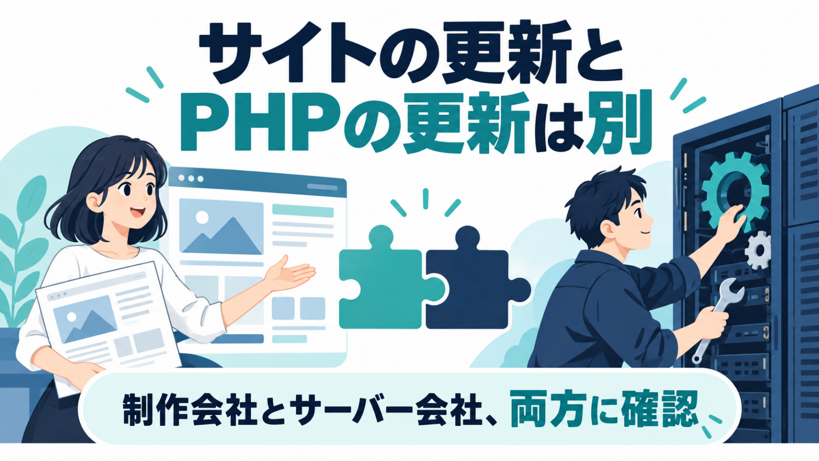 サイトのプログラムを整える制作会社と、PHP実行環境を整えるサーバー会社の役割を表したイラスト