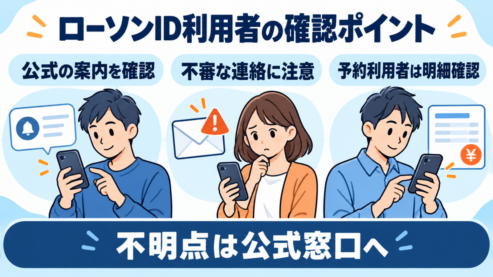 公式の案内を確認、不審な連絡に注意、アプリ予約利用者はカード明細を確認