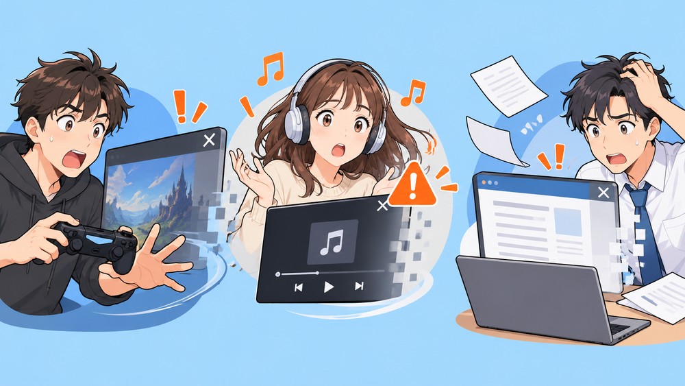 ゲーム・音楽再生・生産性アプリで予期せず終了する症状のイメージ