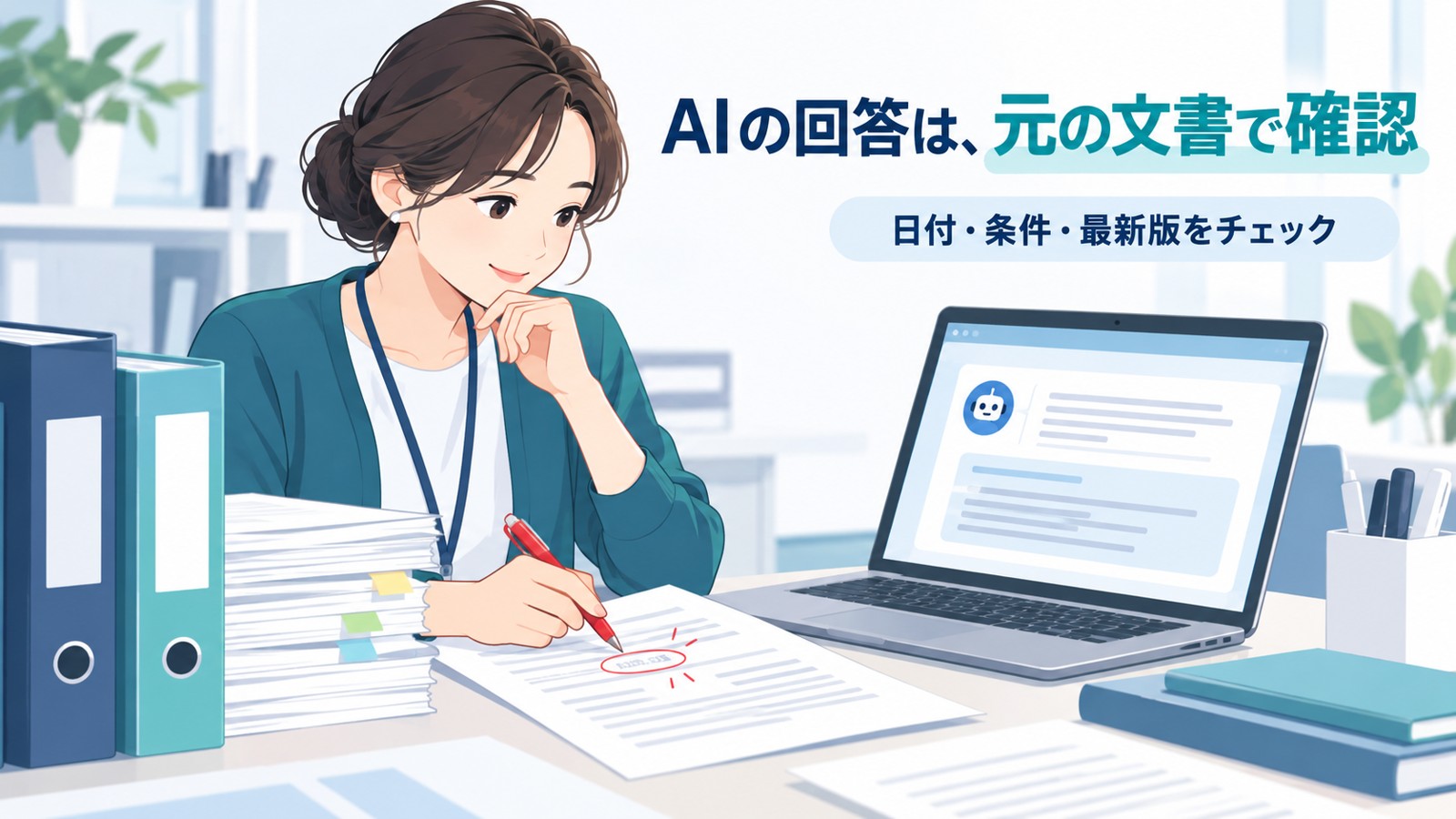 AIの回答を元の文書と照合し、日付・条件・最新版を確認する教職員のイラスト